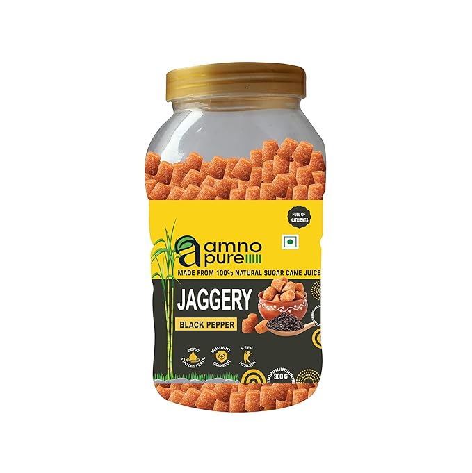 Jaggery with Black Pepper 10G Cube Natural Sugarcane Amno Pure- Pet Jar 900G Pack