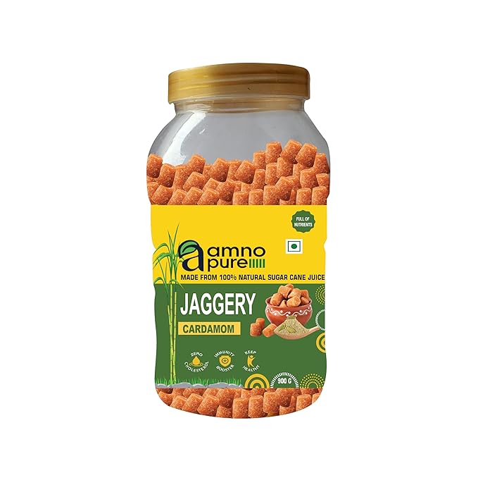 Jaggery with Cardamom 10G Cube natural Sugarcane Amno Pure - Pet Jar 900G Pack