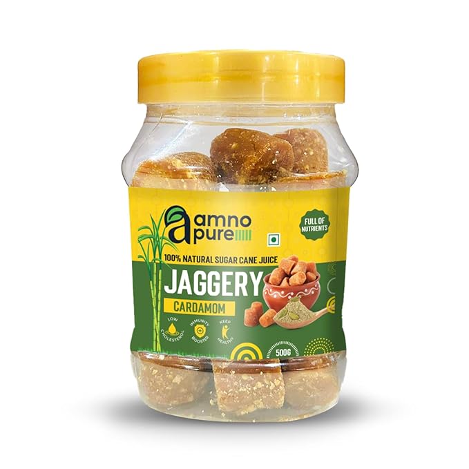 Jaggery with Cardamom 10G Cube natural Sugarcane Amno Pure - Pet Jar 500G Pack