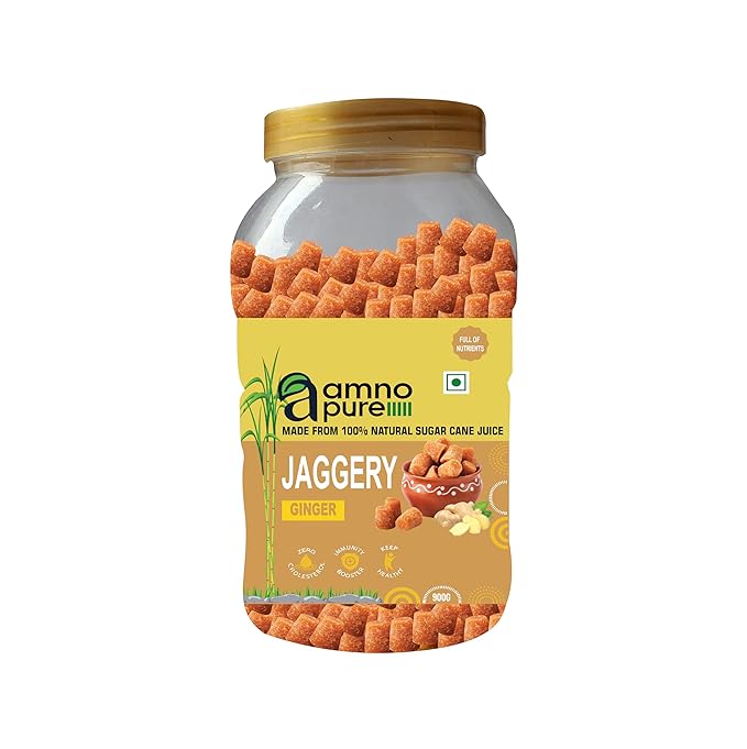 Jaggery with Ginger 10G Cube Natural Sugarcane Amno Pure- Pet Jar 900G Pack