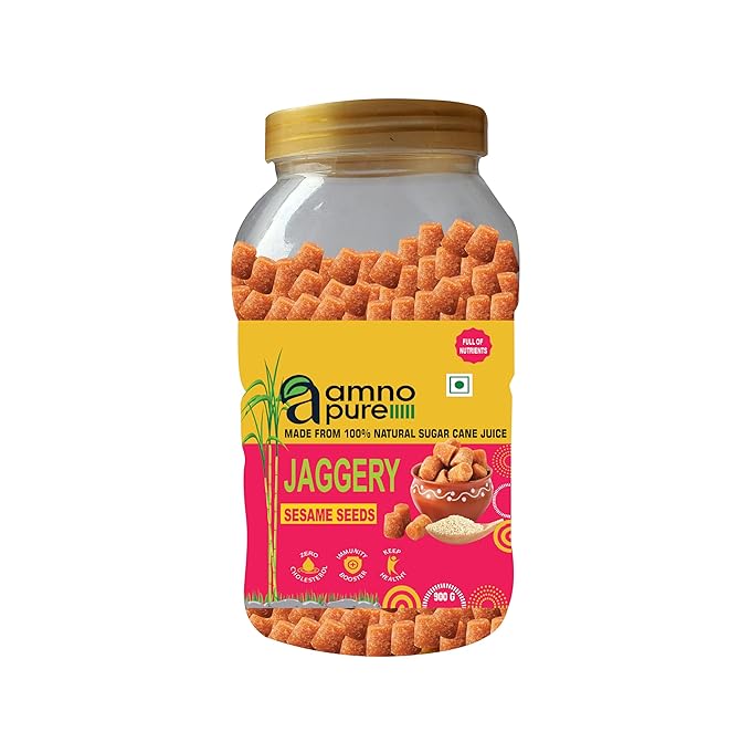 Jaggery with Sesame Seeds 10G Cube Natural Sugarcane Amno Pure - Pet Jar 900G Pack