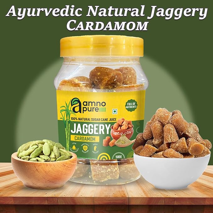 Jaggery with Cardamom 10G Cube natural Sugarcane Amno Pure - Pet Jar 500G Pack