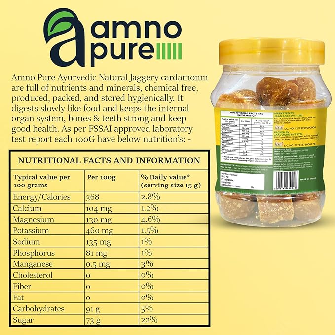 Jaggery with Cardamom 10G Cube natural Sugarcane Amno Pure - Pet Jar 500G Pack
