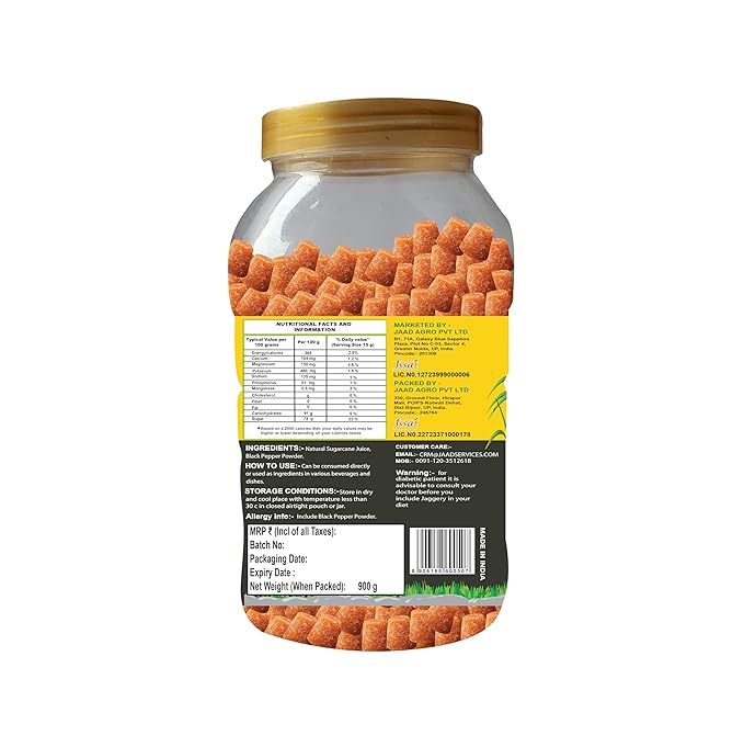Jaggery with Black Pepper 10G Cube Natural Sugarcane Amno Pure- Pet Jar 900G Pack