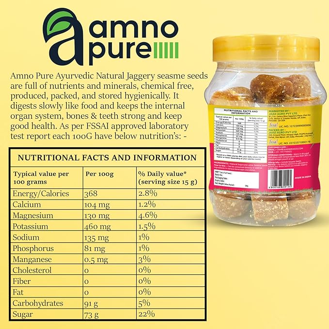 Jaggery with Sesame Seeds 10G Cube Natural Sugarcane Amno Pure - Pet Jar 500G Pack