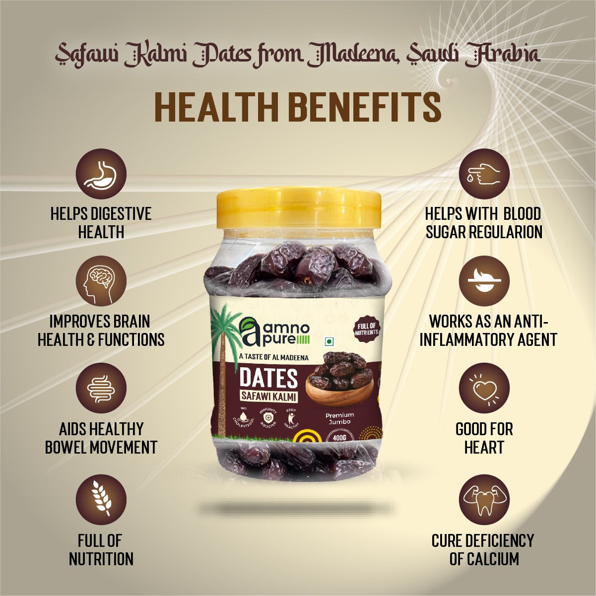 Date Safawi Kalmi Medium Natural Soft Amno Pure -Pet Jar 400G Pack