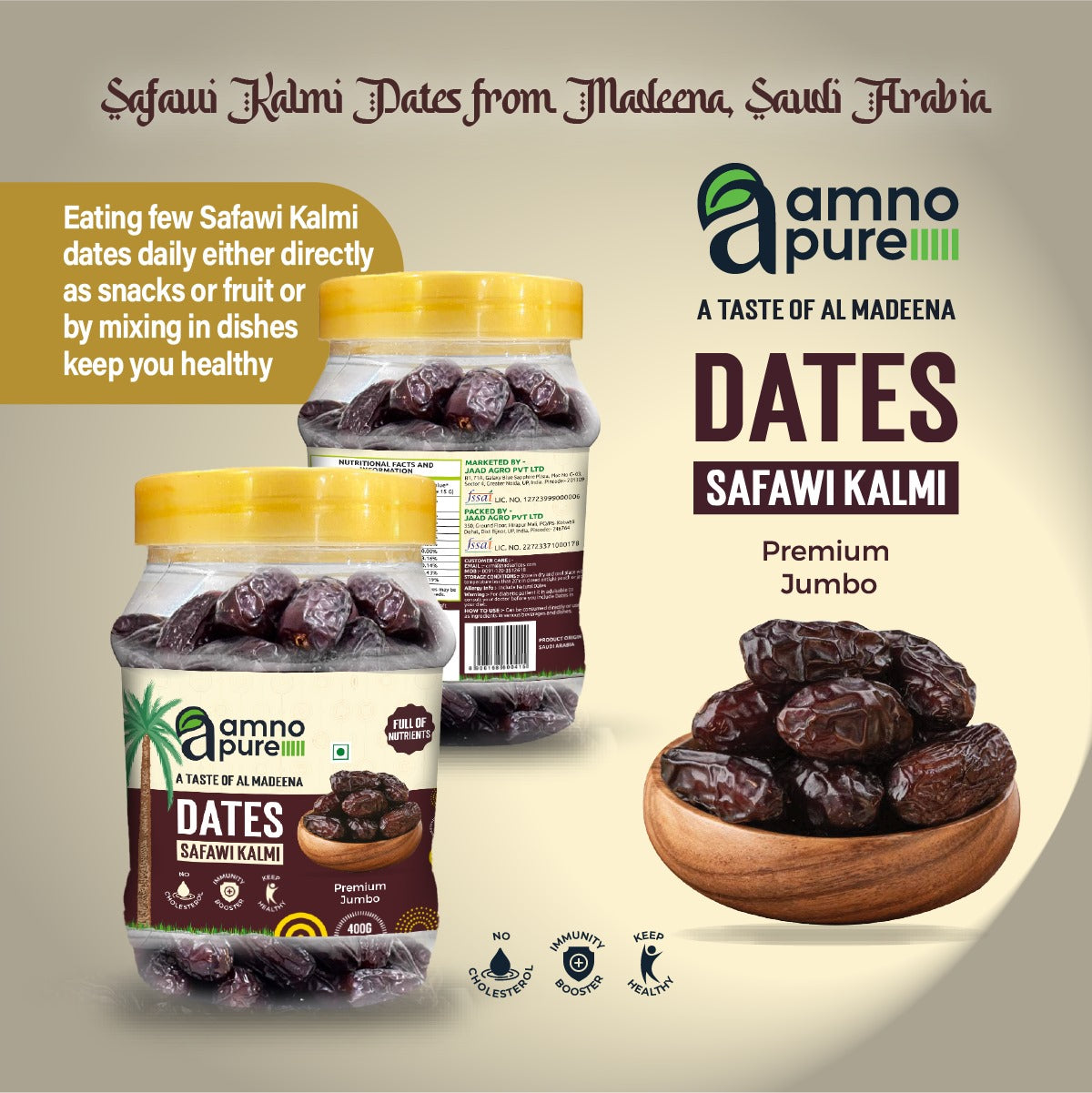 Date Safawi Kalmi Premium Jumbo Natural Soft Amno Pure -Pet Jar 400G Pack