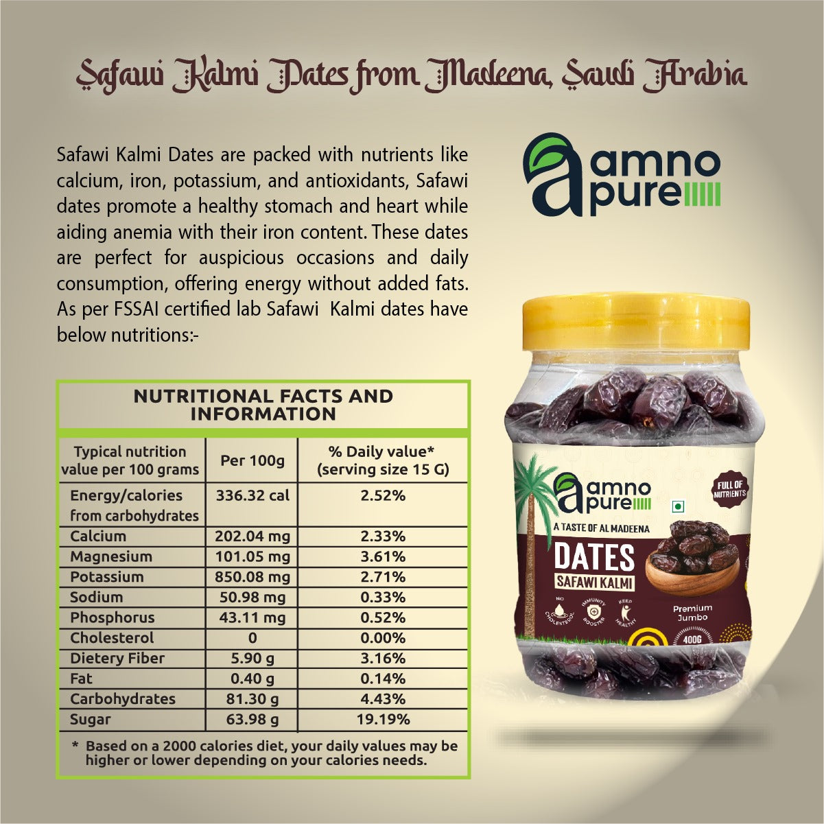 Date Safawi Kalmi Medium Natural Soft Amno Pure -Pet Jar 400G Pack