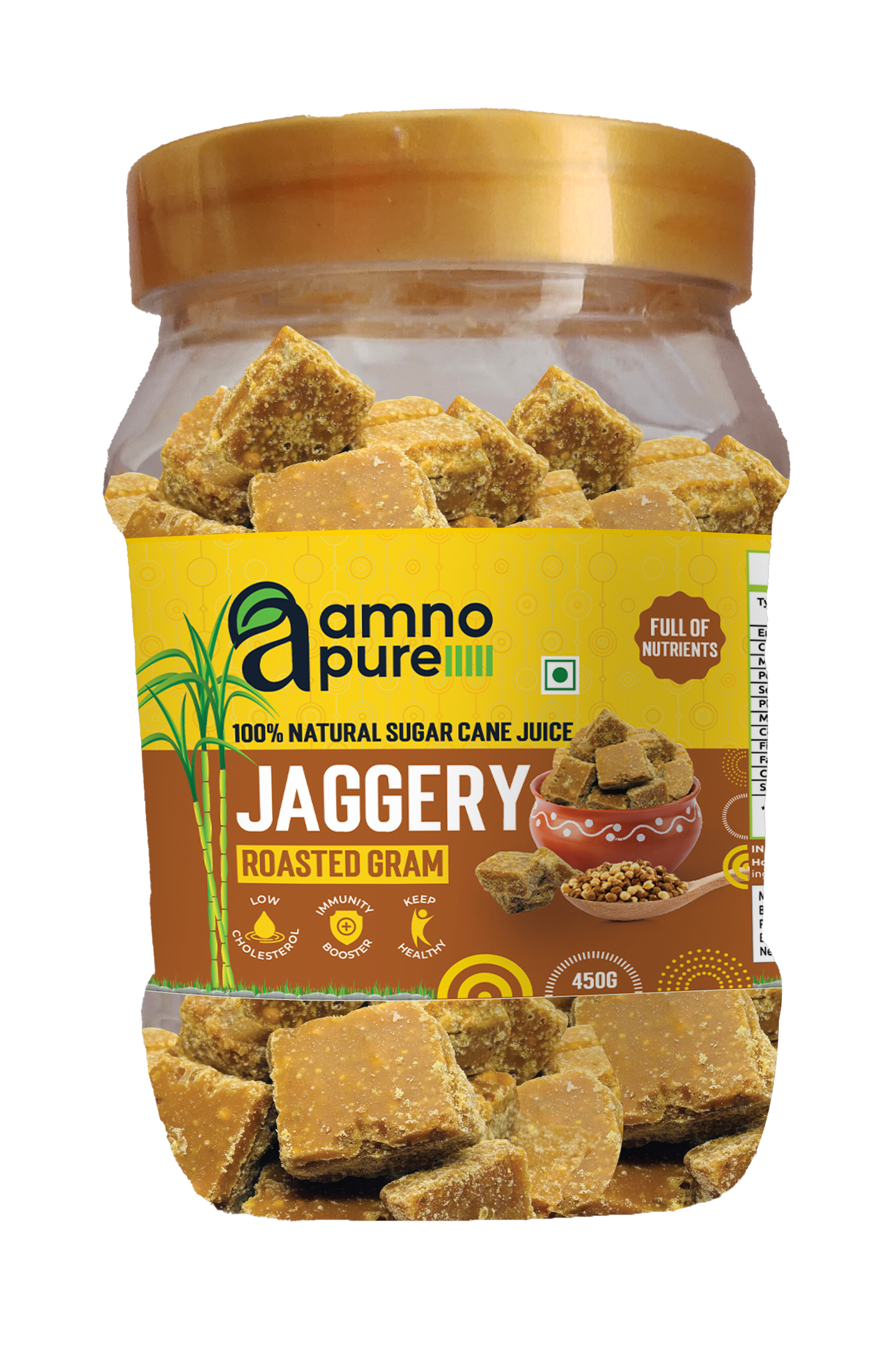 Jaggery with Roasted Gram 30G Square Natural Sugarcane Amno Pure- Pet Jar 450G Pack