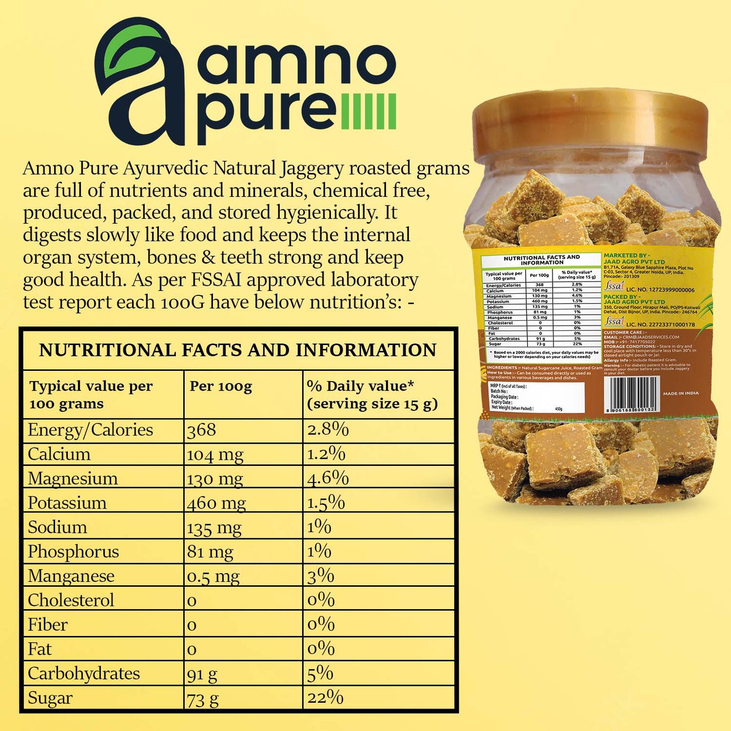 Jaggery with Roasted Gram 30G Square Natural Sugarcane Amno Pure- Pet Jar 450G Pack