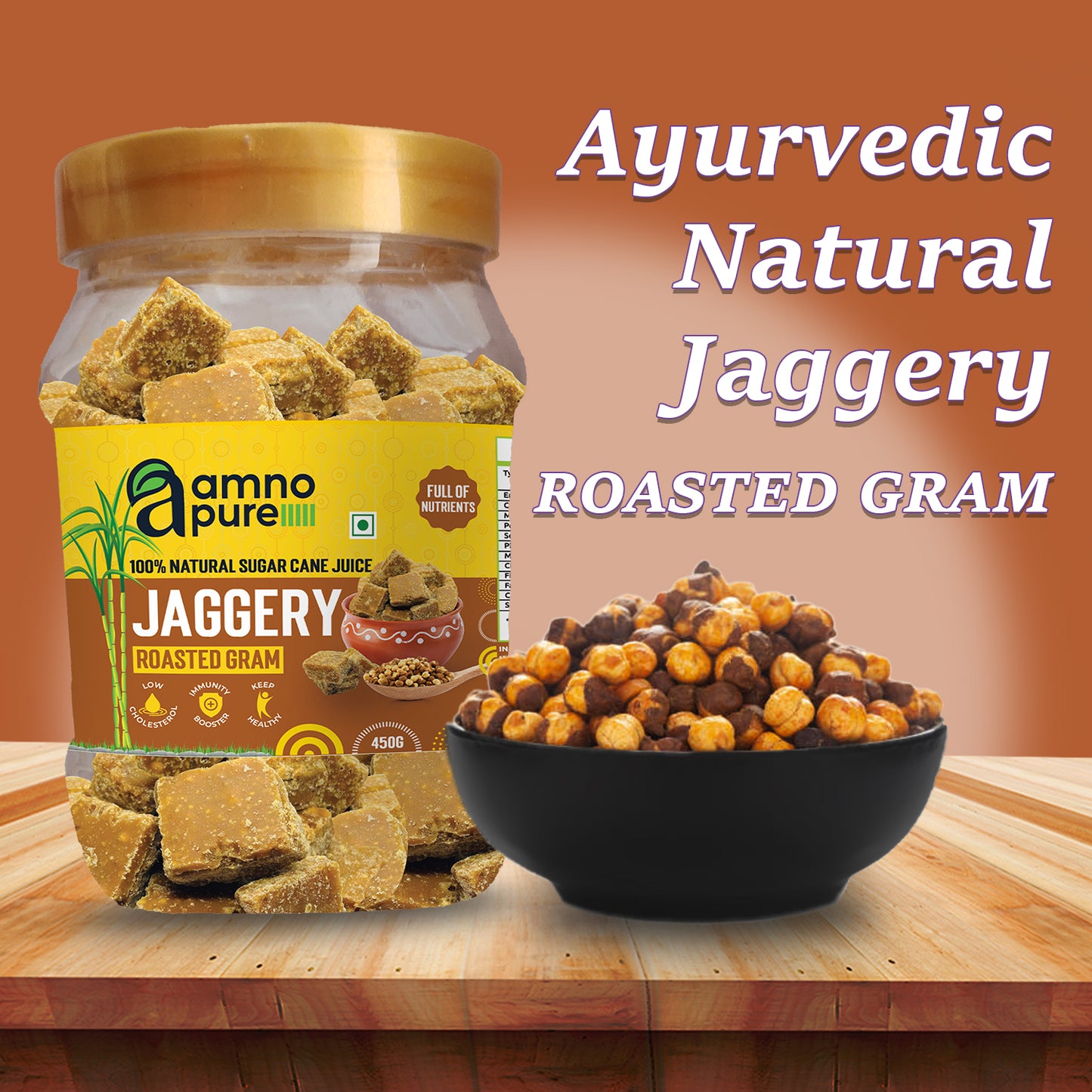 Jaggery with Roasted Gram 30G Square Natural Sugarcane Amno Pure- Pet Jar 450G Pack