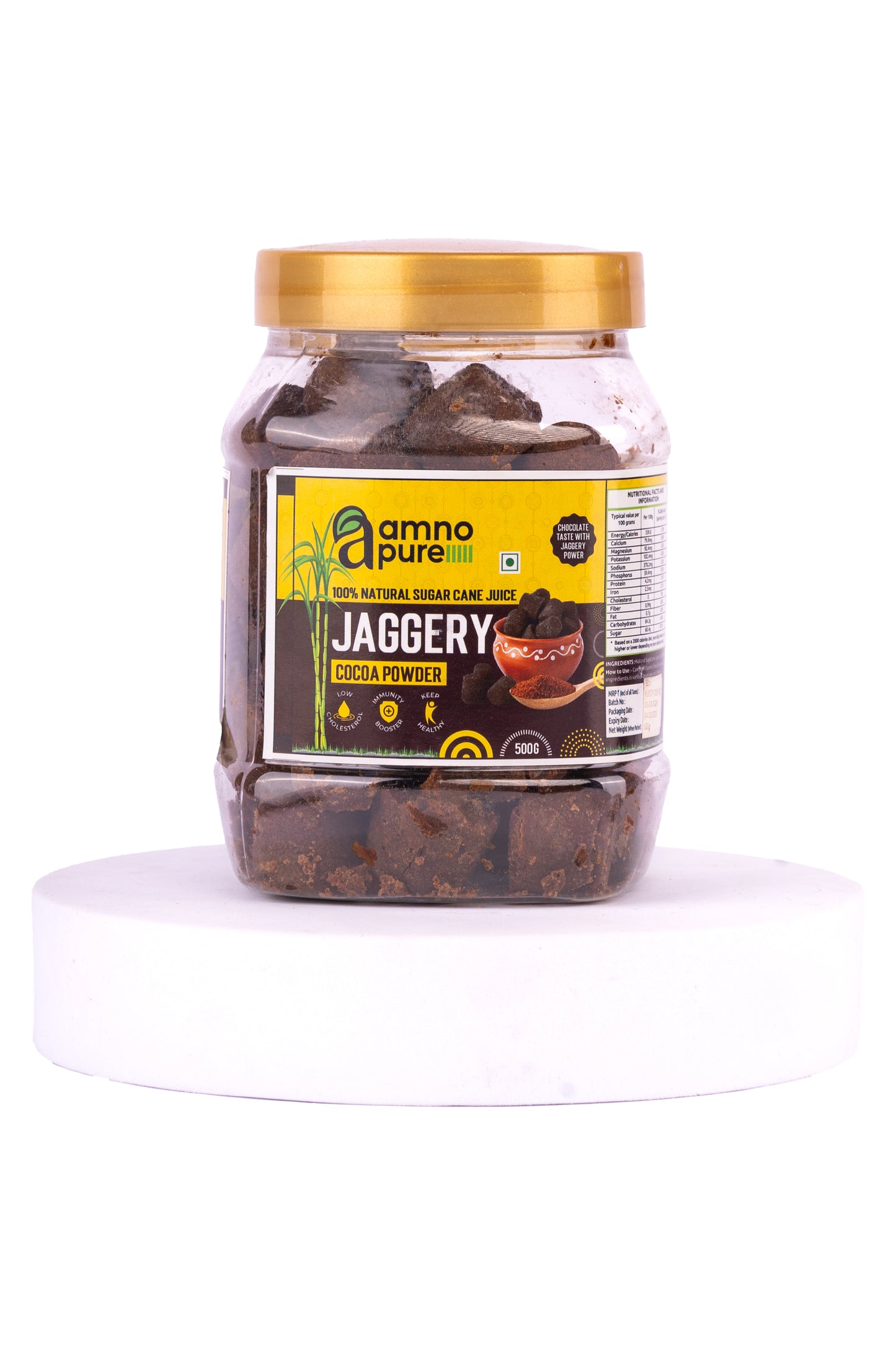 Jaggery with Cocoa 10G Cube Natural Sugarcane Amno Pure - Pet Jar 500G Pack