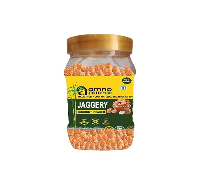 Jaggery with Coconut 10G Cube Natural Sugarcane Amno Pure - Pet Jar 900G Pack