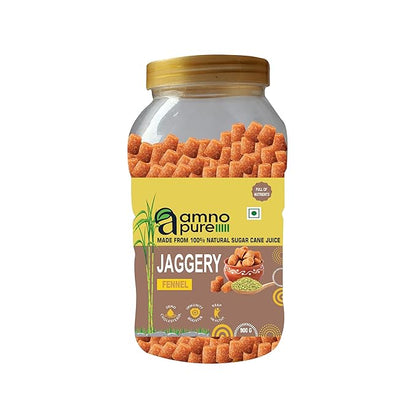 Jaggery with Fennel Seeds 10G Cube Natural Sugarcane Amno Pure - Pet Jar 900G Pack