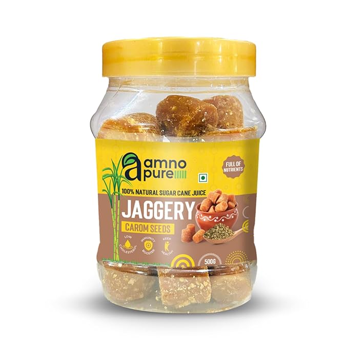 Jaggery with Carom Seeds 10G Cube Natural Sugarcane Amno Pure - Pet Jar 500G Pack