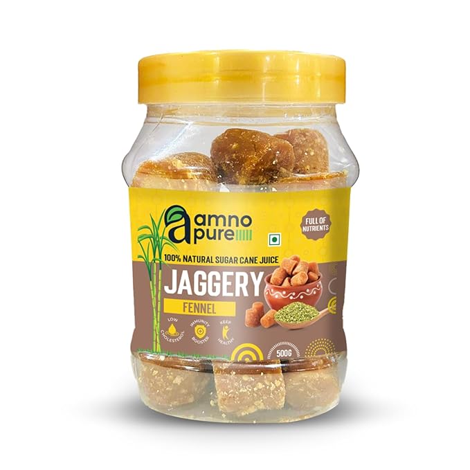 Jaggery with Fennel Seeds 10G Cube Natural Sugarcane Amno Pure - Pet Jar 500G Pack