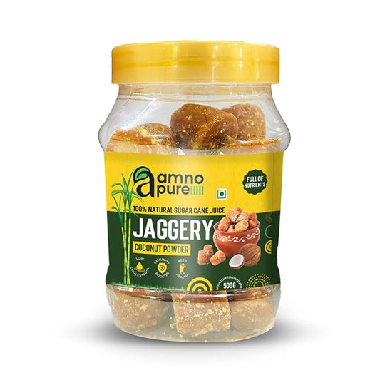 Jaggery with Coconut 10G Cube Natural Sugarcane Amno Pure - Pet Jar 500G Pack