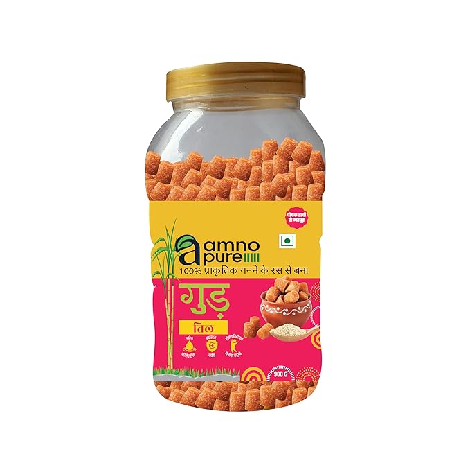 Jaggery with Sesame Seeds  10G Cube Natural Sugarcane Amno Pure - Pet Jar 900G Pack