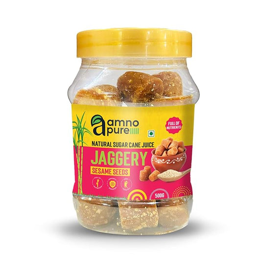 Jaggery with Sesame Seeds  10G Cube Natural Sugarcane Amno Pure - Pet Jar 500G Pack