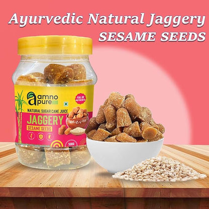 Jaggery with Sesame Seeds  10G Cube Natural Sugarcane Amno Pure - Pet Jar 500G Pack