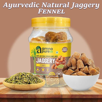 Jaggery with Fennel Seeds 10G Cube Natural Sugarcane Amno Pure - Pet Jar 500G Pack