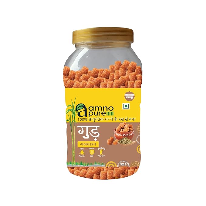 Jaggery with Carom Seeds 10G Cube Natural Sugarcane Amno Pure - Pet Jar 900G Pack