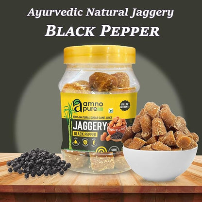 Jaggery 10G Cube with Black Pepper Natural Sugarcane Amno Pure- Pet Jar 500G Pack