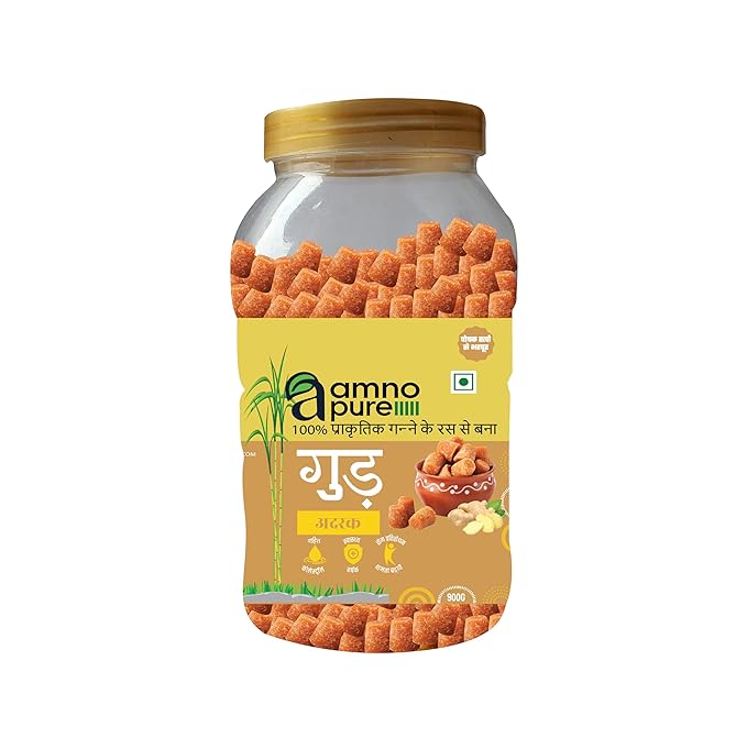 Jaggery  with Ginger 10G Cube Natural Sugarcane Amno Pure- Pet Jar 900G Pack