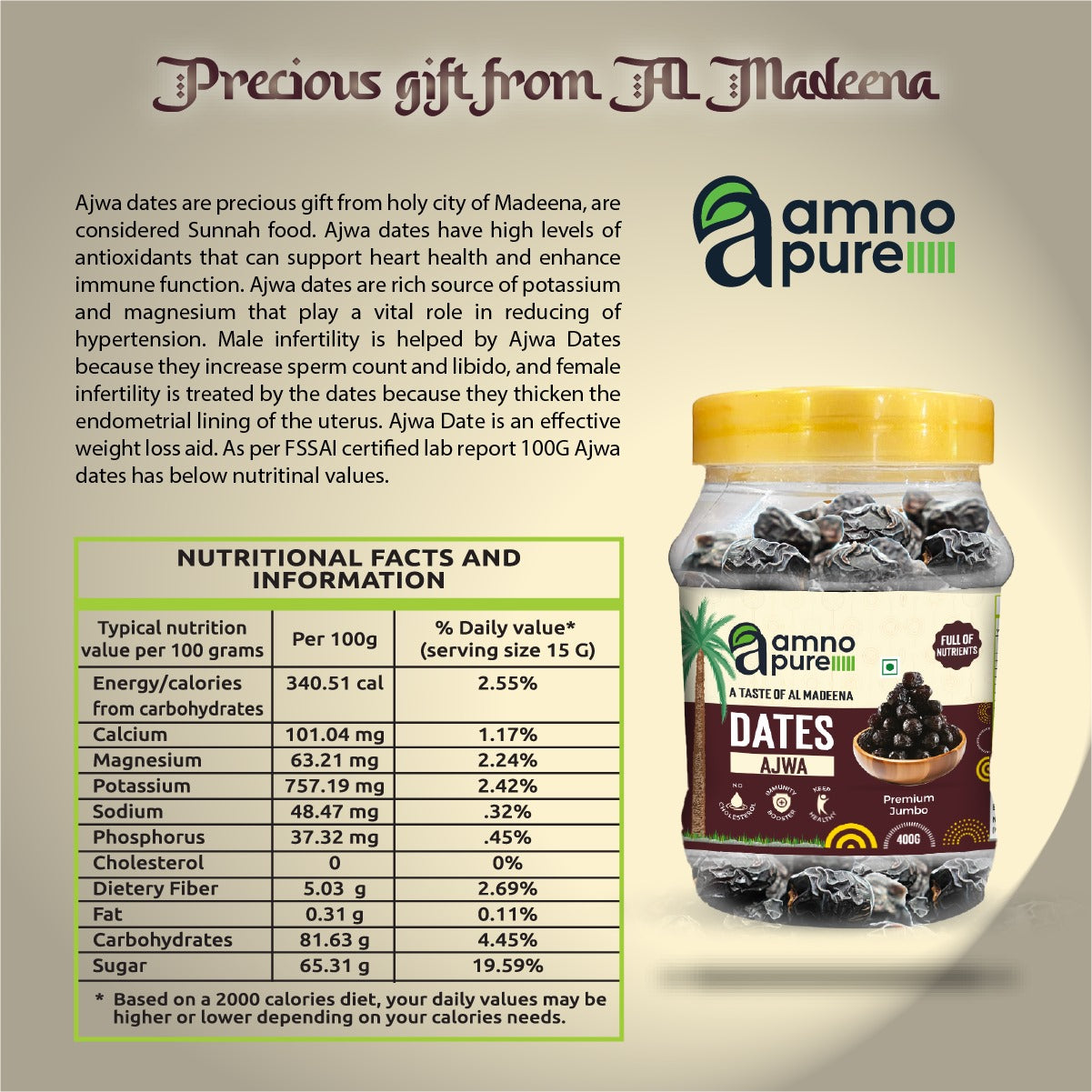 Date Ajwa-Premium Jumbo Natural Soft Amno Pure -Pet Jar 400G Pack