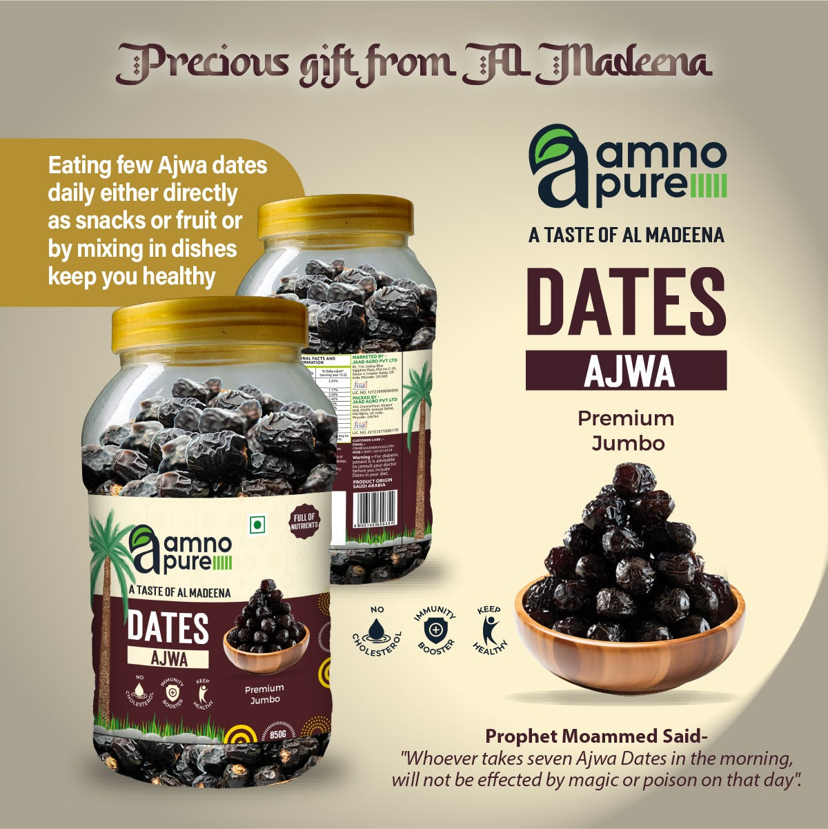 Date Ajwa-Premium Jumbo Natural Soft Amno Pure -Pet Jar 850G Pack