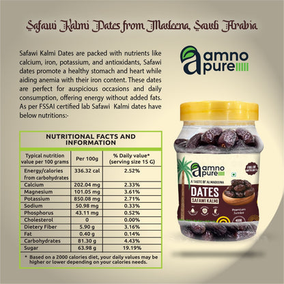 Date Safawi Kalmi Premium Jumbo Natural Soft  Amno Pure -Pet Jar 400G Pack