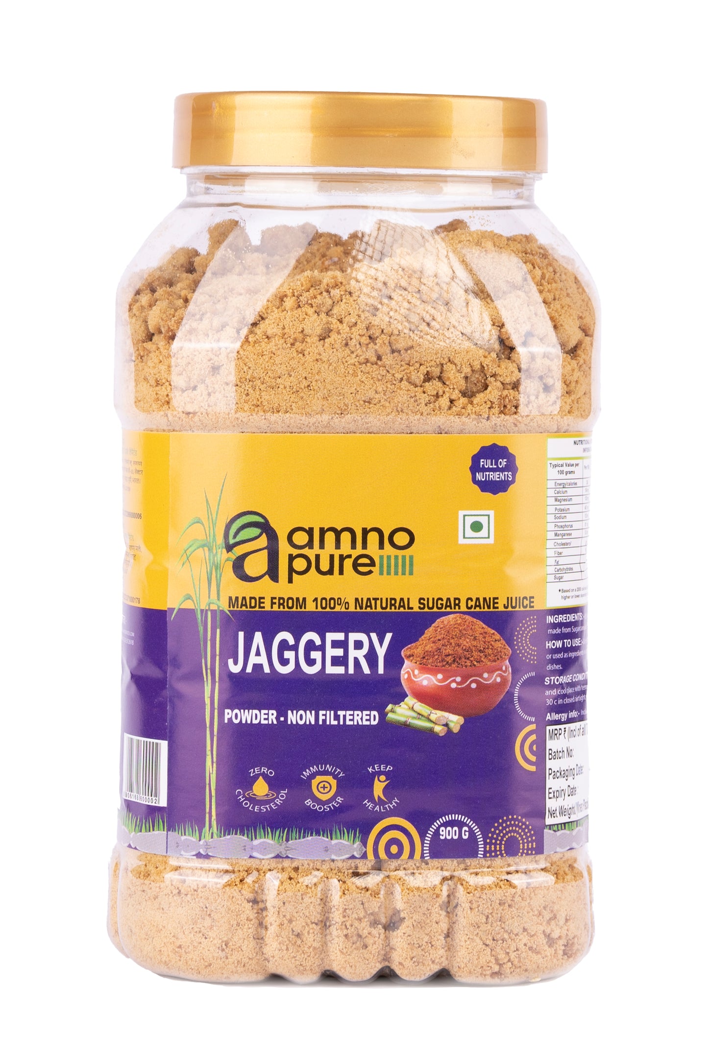 Jaggery Powder non filtered Natural Sugarcane Amno Pure -Pet  Jar 900G Pack