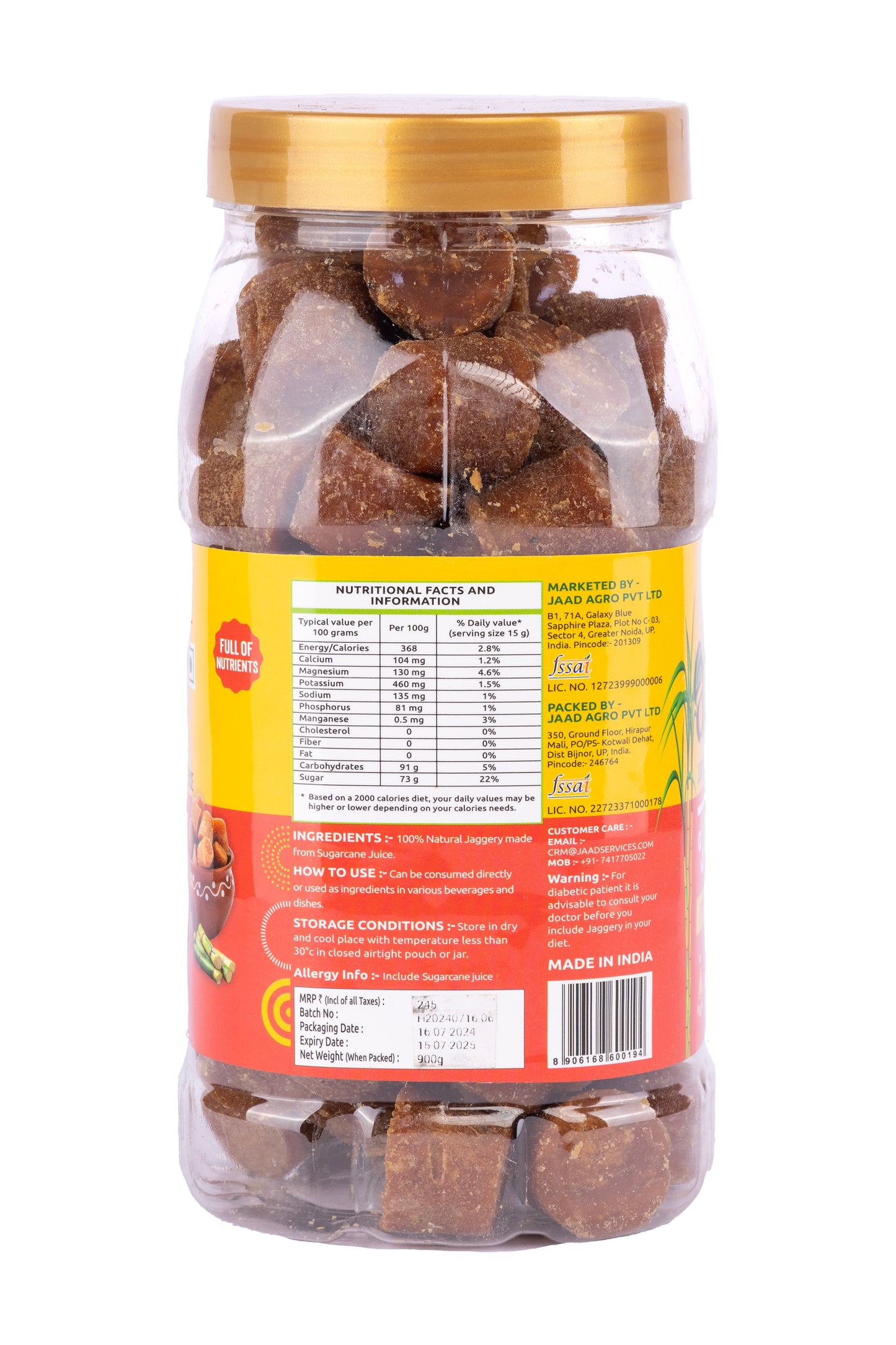 Jaggery Cubel 18G Natural Sugarcane Amno Pure -Pet Jar 900G Pack