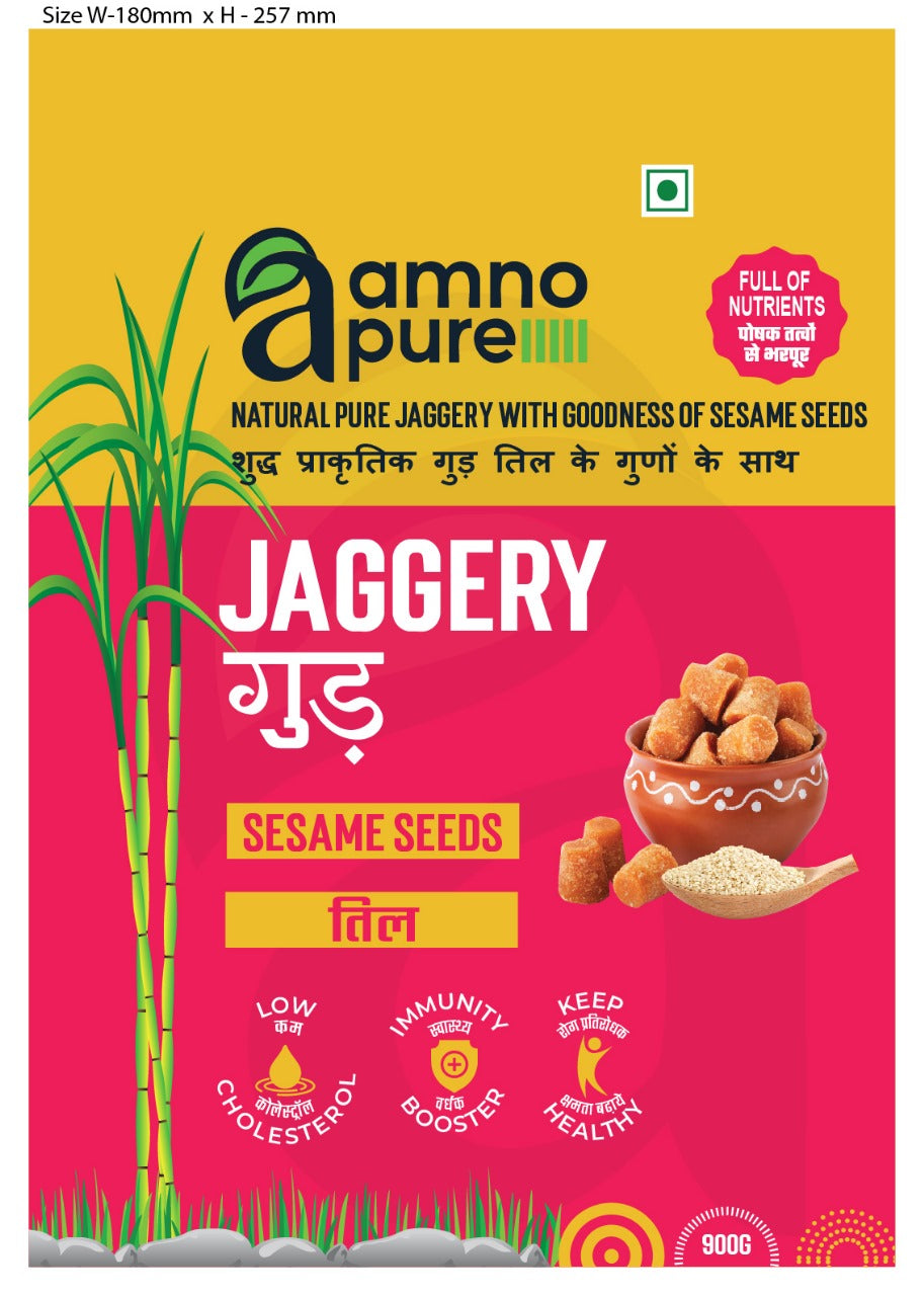 Jaggery with Sesame Seeds Natural Sugarcane Amno Pure- Pouch 900G Pack