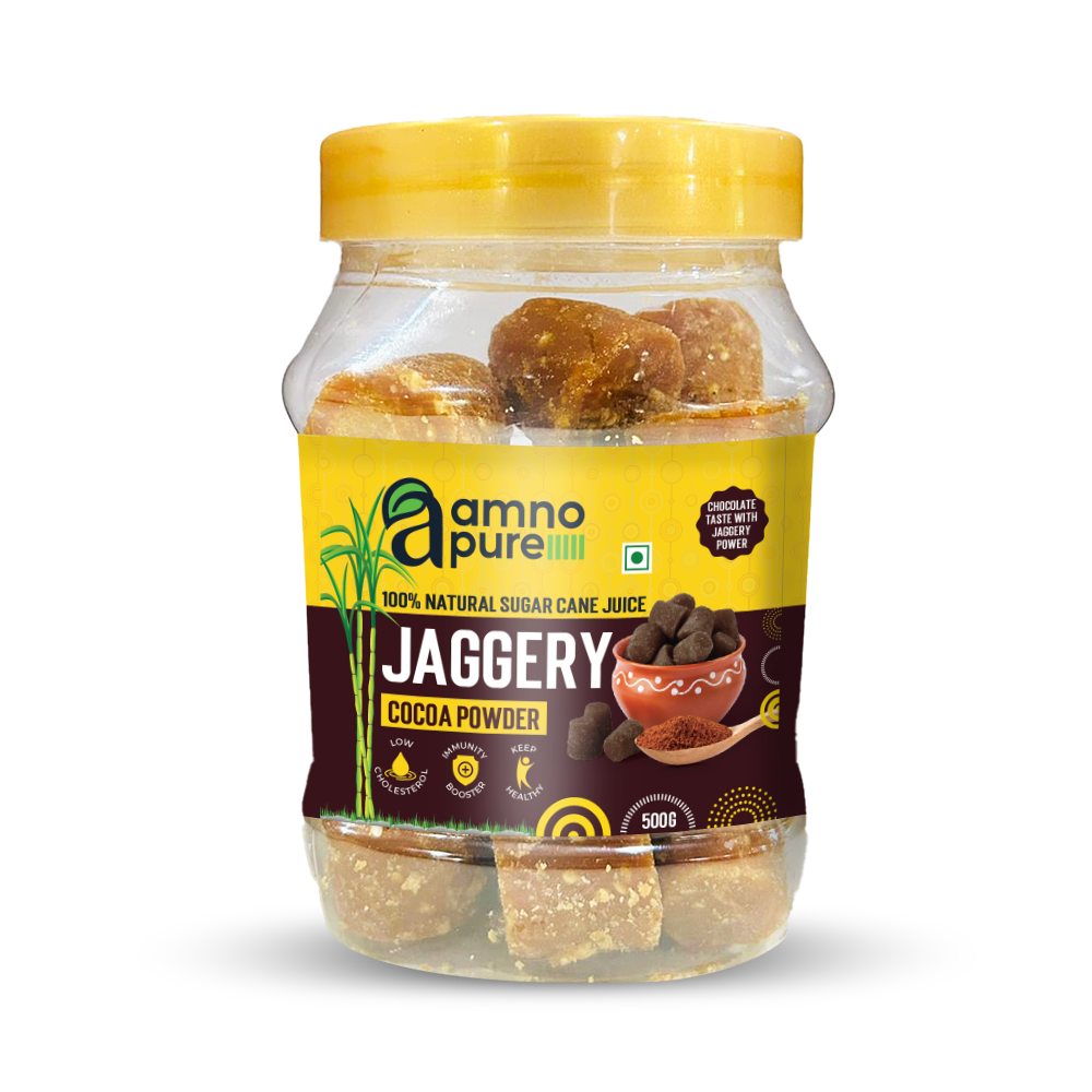 Jaggery with Cocoa 10G Cube Natural Sugarcane Amno Pure - Pet Jar 500G Pack