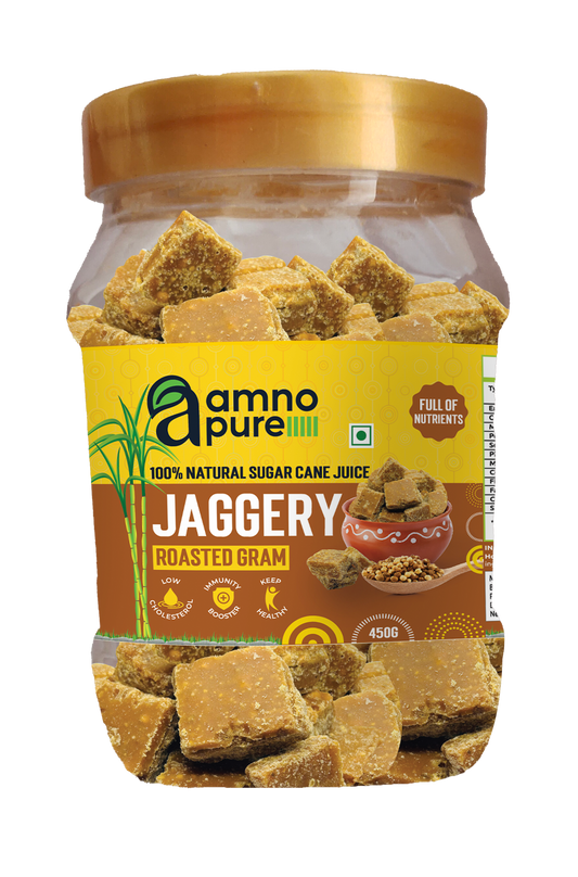 Jaggery with Roasted Gram  30G Square Natural Sugarcane Amno Pure- Pet Jar 450G Pack