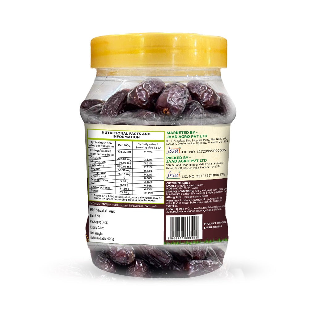 Date Safawi Kalmi Premium Jumbo Natural Soft  Amno Pure -Pet Jar 400G Pack